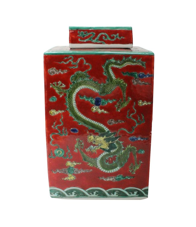 Pot à Gingembre Chinois Dragon Rouge Peint à la Main L18xP18xH34cm