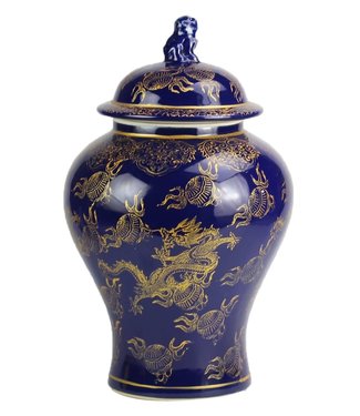 Fine Asianliving Chinesischer Vase mit Deckel Porzellan Navy Blau Drache Handgefertigt D28xH45.5cm