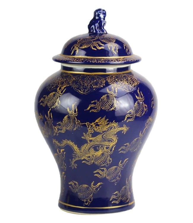 Chinese Gemberpot Porselein Navy Blauw Draak Handgemaakt D28xH45.5cm