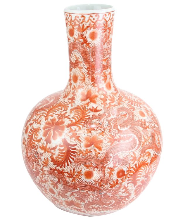 Große Chinesische Vase Porzellan Rot Weiß Drache Handbemalt D37xH53cm