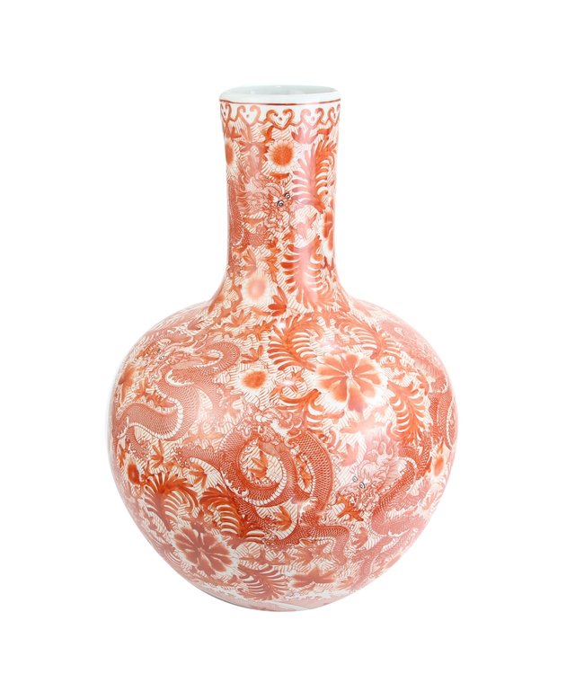 Jarrón Chino de Porcelana Dragón Rojo Blanca Pintado a Mano D37xAlt.53cm