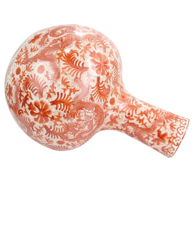 Jarrón Chino de Porcelana Dragón Rojo Blanca Pintado a Mano D37xAlt.53cm