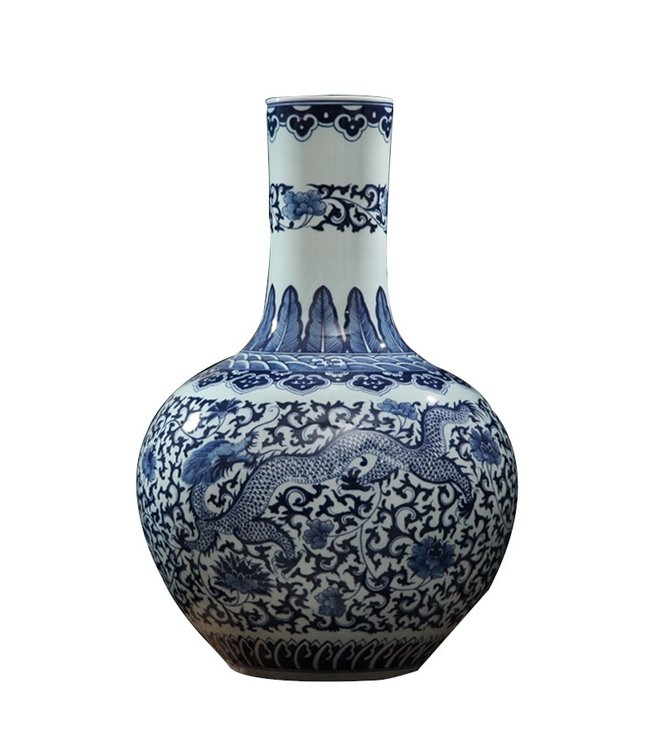 Große Chinesische Vase Porzellan Blau Weiß Drache Handbemalt D21xH53cm