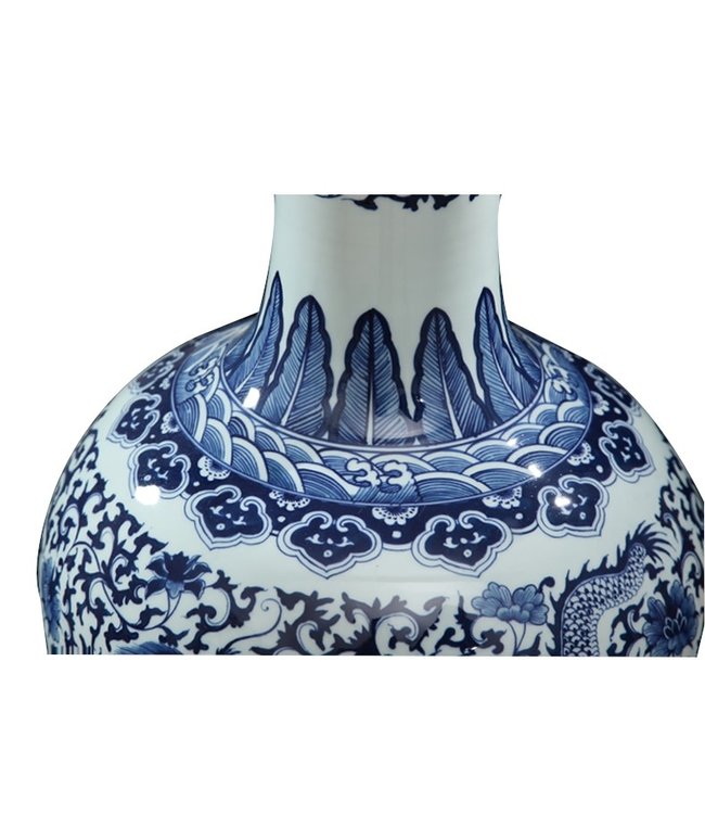 Grote Chinese Vaas Blauw Wit Dragon Handbeschilderd D21xH53cm
