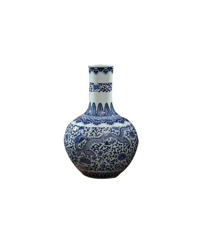 Jarrón Chino de Porcelana Dragón Azul Blanca Pintado a Mano D21xAlt.53cm