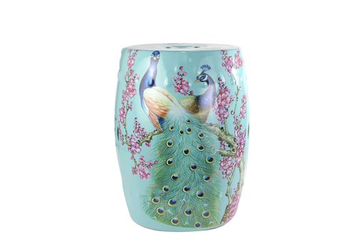Fine Asianliving Keramik Hocker Porzellan Blau Pfau B33xH45cm