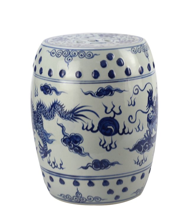 Sgabello Da Giardino In Ceramica Porcellana Drago Blu Bianco L33xH45cm