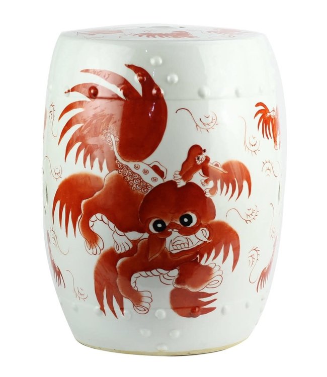 Taburete Ceramica Chino con Leones de Fu Pintado a Mano Anch.33 x Alt.45 cm