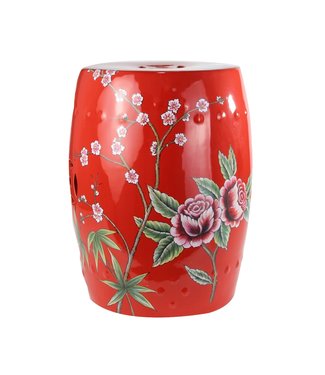 Fine Asianliving Keramik Hocker Pfingstrosen Rot Handgefertigt D33xH46cm