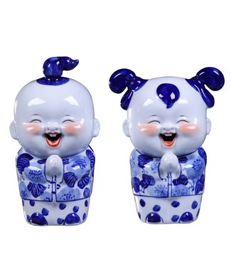 Fine Asianliving Estatuas Chinas Azul Pareja Bendiciendo Pintado a Mano Juego/2