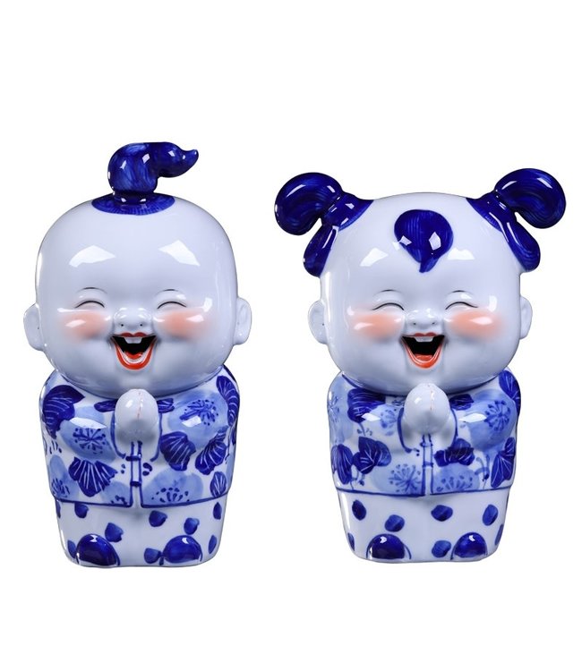 Chinese Statues Blue Blessing Couple Handpainted Set/2