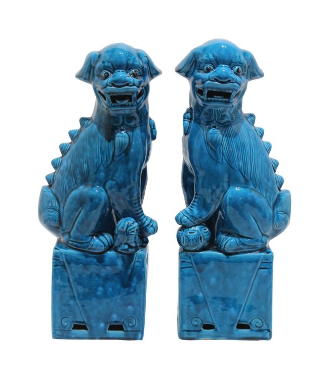 Chinese Foo Dogs Set/2 Porcelain Blue Handmade D10xH34cm