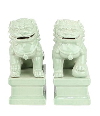 Fine Asianliving Chinese Foo Dogs Temple Guardian Lions Porcelain Mint Set/2 Handmade W6xD8xH15cm