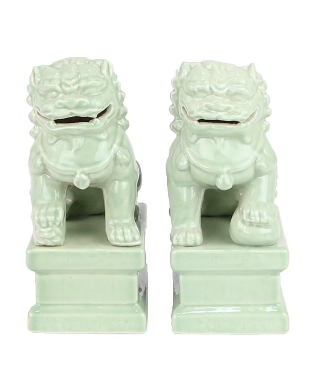 Ensemble Chiens Foo Chinois Gardiens de Temple Lions Menthe/2 Porcelaine Fait Main L6xP8xH15cm