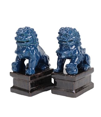 Fine Asianliving Chinese Foo Dogs Temple Guardian Lions Porcelain Navy Set/2 Handmade W9xD9xH16 cm