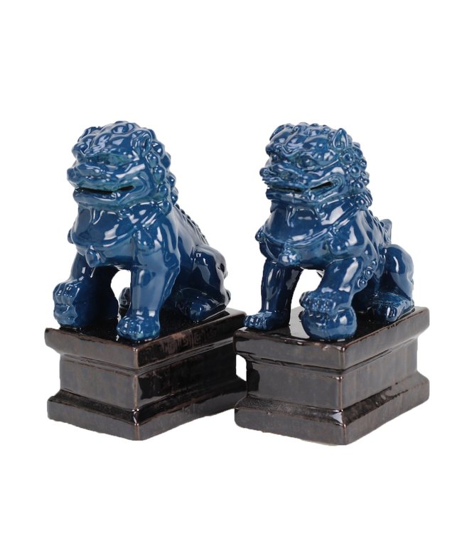 Ensemble Chiens Foo Chinois Gardiens de Temple Lions Marine/2 Porcelaine Fait Main L9xP9xH16cm