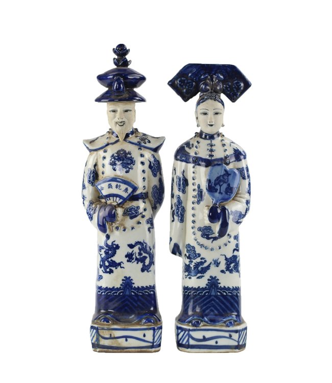 Chinese Beelden Blauw Wit Porselein Keizer Keizerin Set/2 Handmade