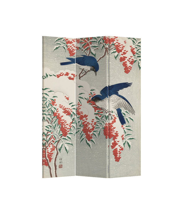 Paravent Raumteiler B120xH180cm 3-teilig Japanische Blaue Vögel und Beeren