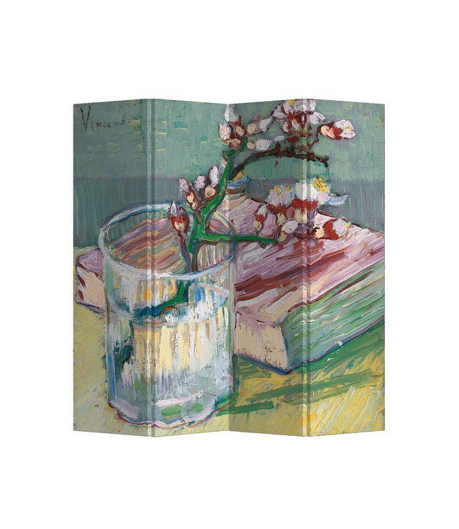 Paravento Separè Divisorio Interno L160xA180cm Van Gogh Ramo di Mandorlo in Fiore in un Bicchiere con un Libro 4 Pannelli