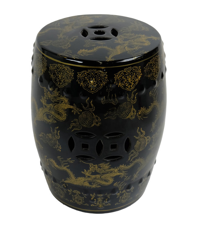 Tabouret Céramique Dragon Chinois Or Noir D33xH45cm