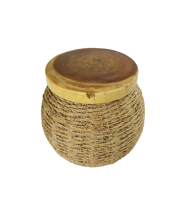 Handbraided Jute Stool with Wooden Top and Storage Space Handmade in Thailand 40x45cm