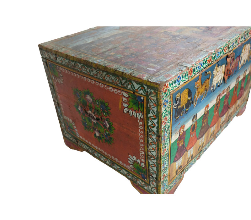 Antieke Indisch Kist Handgeschilderd B82xD60xH51cm Handgemaakt in India