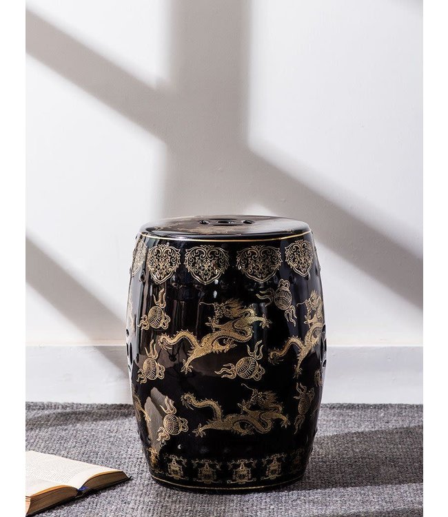 Tabouret Céramique Dragon Chinois Or Noir D33xH45cm