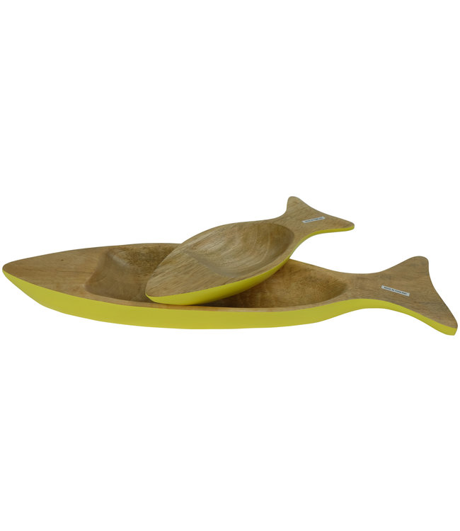 Mangowood Decorative Plates Set/2 Fish Handmade in Thailand Yellow