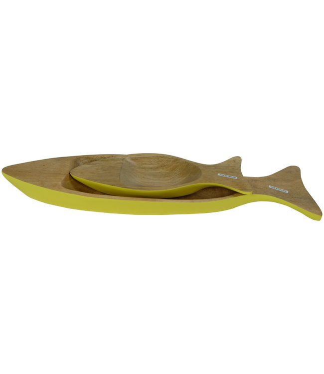 Mango Wood Decorative Plates Set/2 Fish Handmade in Thailand Yellow