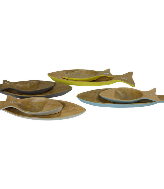 Mangohout Decoratieve Schaal Set/2 Vis Handgemaakt in Thailand Blauw