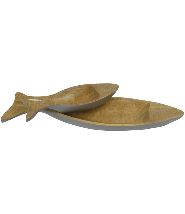 Mangowood Decorative Plates Set/2 Fish Handmade in Thailand Grey