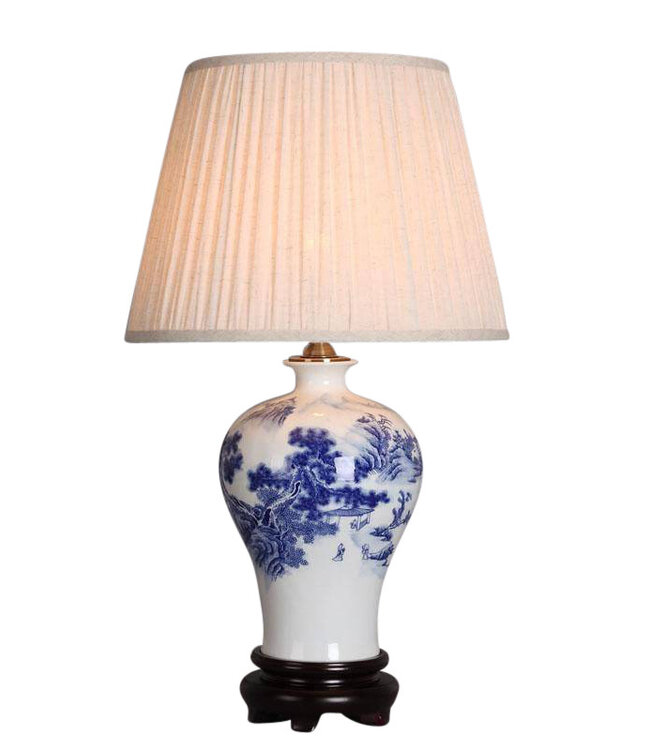 Chinese Table Lamp Porcelain White Blue Landscape