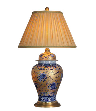 Fine Asianliving Lampe de Table en Porcelaine Chinoise d'Or avec Motif Bleu