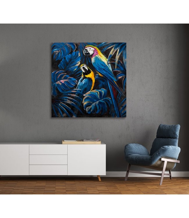 Wall Art Canvas Print 100x100cm Verliefde Blauwe Papagaaien Handgemaakt Giclee