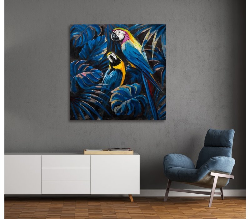 Wandkunst Leinwanddruck 100x100cm Blaue Papageien in der Liebe Handverschönert Giclée Handgefertigt