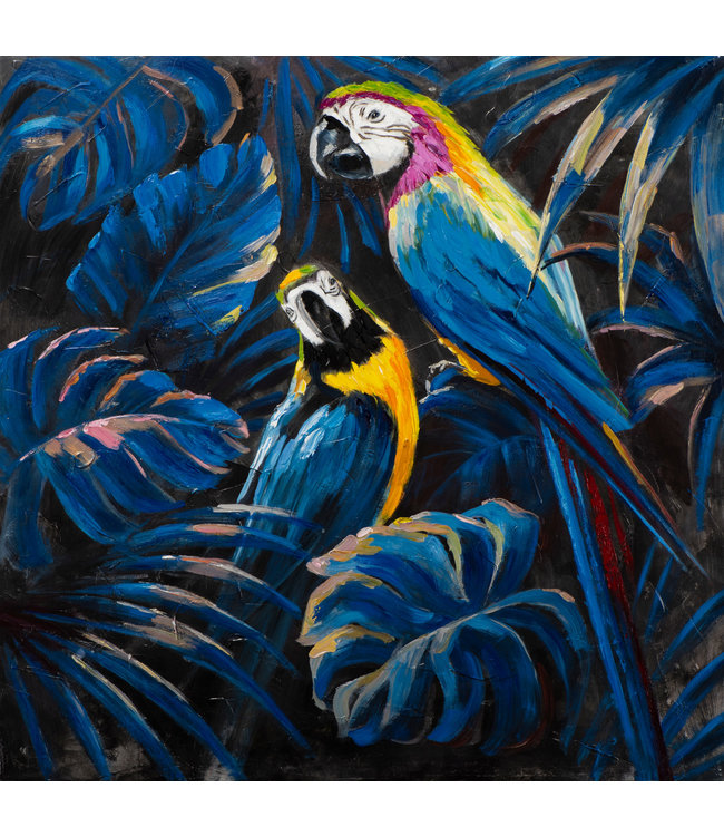 Wall Art Canvas Print 100x100cm Blue Parrots in Love Hand Embellished Giclee Handmade