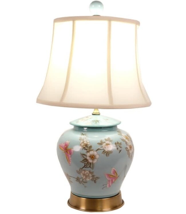 Lampe de Table Chinoise Fleurs Peintes à la Main Turquoise D35xH63cm