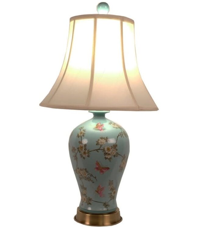 Chinesische Tischlampe Porzellan mit Schirm Handbemalt Türkis B40xT40xH76cm