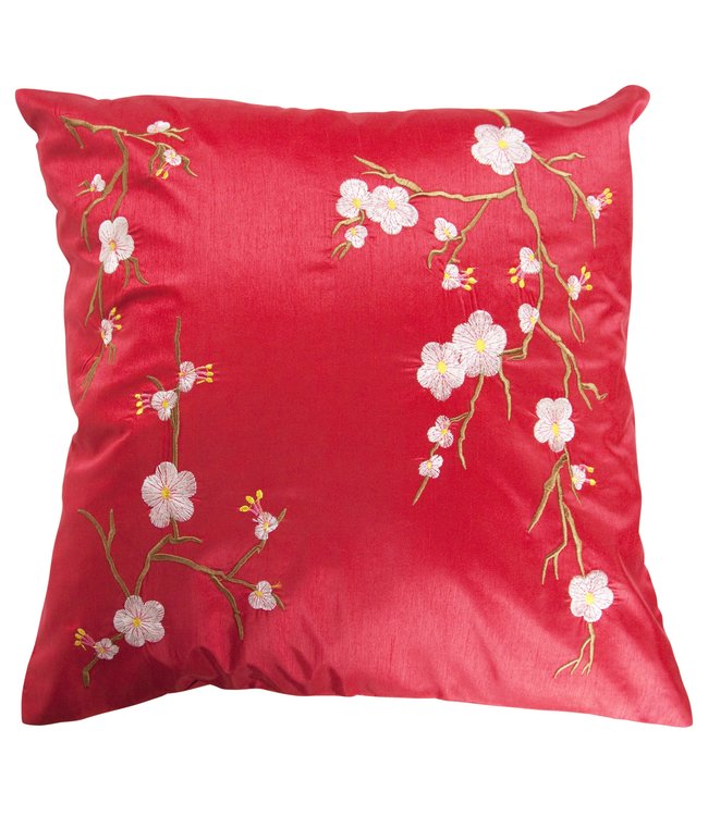 Housse de Coussin Chinoise Sakura Fleurs de Cerisier Rouge 45x45cm Sans Remplissage