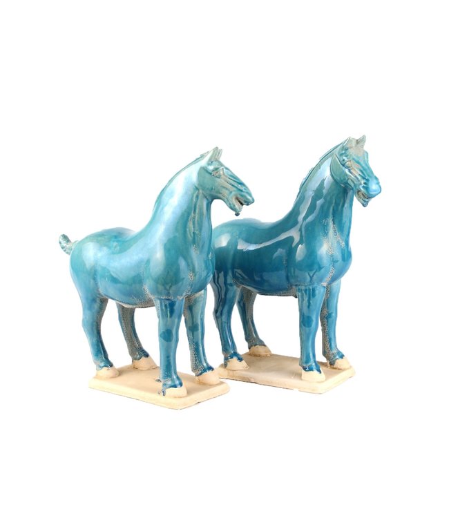 Ensemble Bleu Fait Main de Poterie en Terre Cuite de la Dynastie Tang de Cheval Chinois/2 L8xP14xH26cm