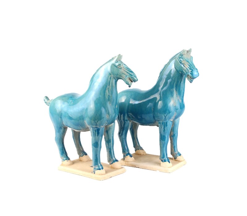 Chinesisches Pferd Tang-Dynastie Terrakotta-Keramik Handgemachtes Blaues Set/2 B8xT14xH26cm