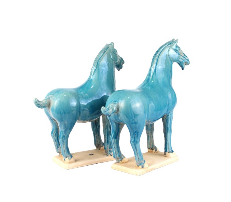 Chinees Paard Tang-Dynastie Terracotta Aardewerk Handgemaakte Blauwe set/2 B8xD14xH26cm
