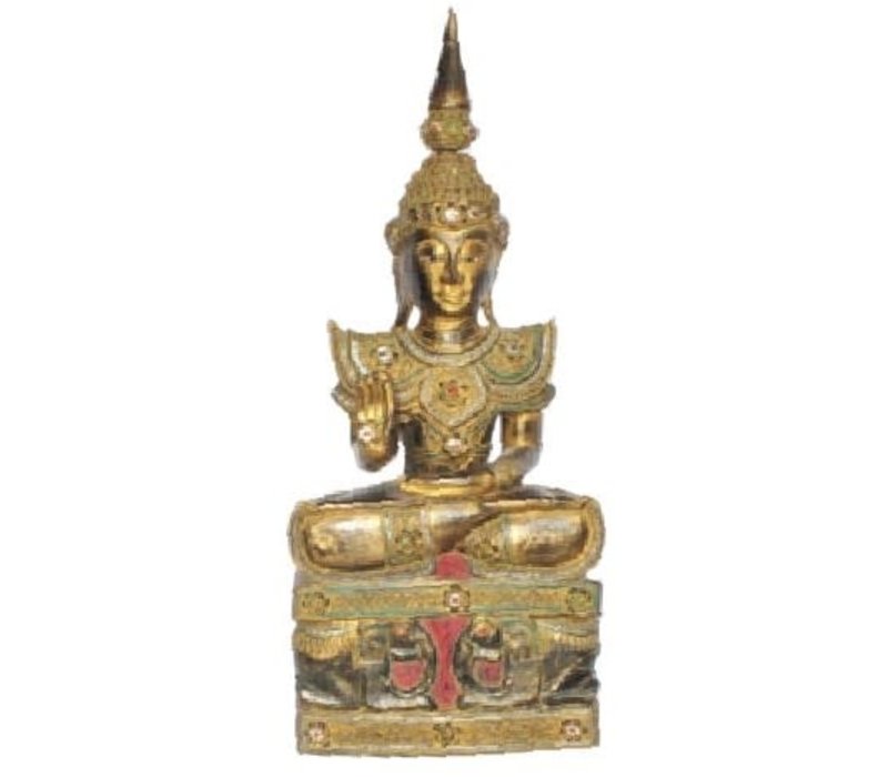 Iwa Royal Buddha Sentado Sobre Base de Elefante en Oro Negro Hecho a Mano con Tronco de Árbol Macizo An45xP32xAl75cm