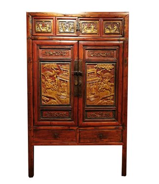 Fine Asianliving Unique Antique Chinese Cabinet Hand-carved Wood with Gold W103xD50xH176cm