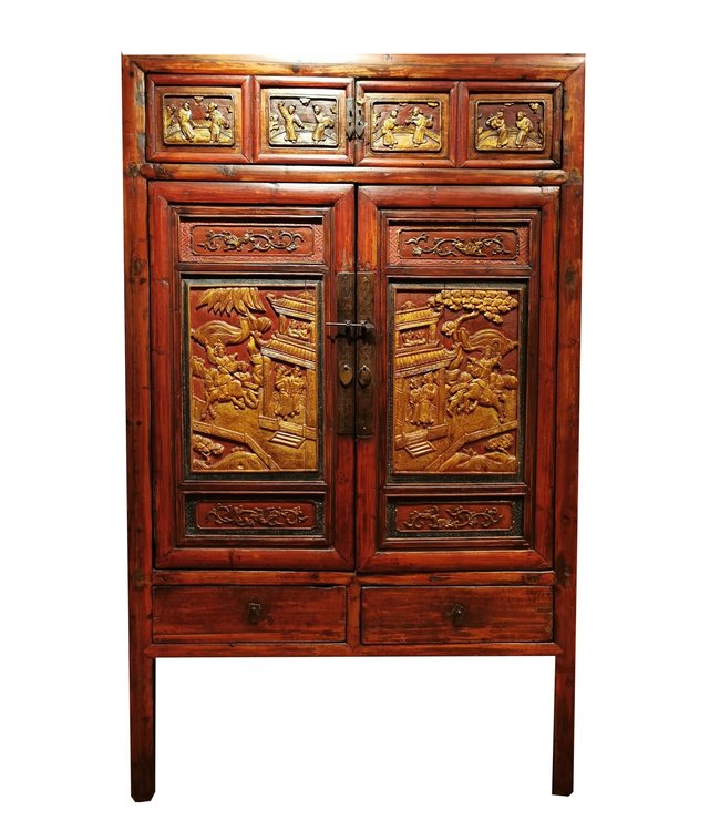 Zeldzame Antieke Chinese Kast met Houtsnijwerk B103xD50xH176cm