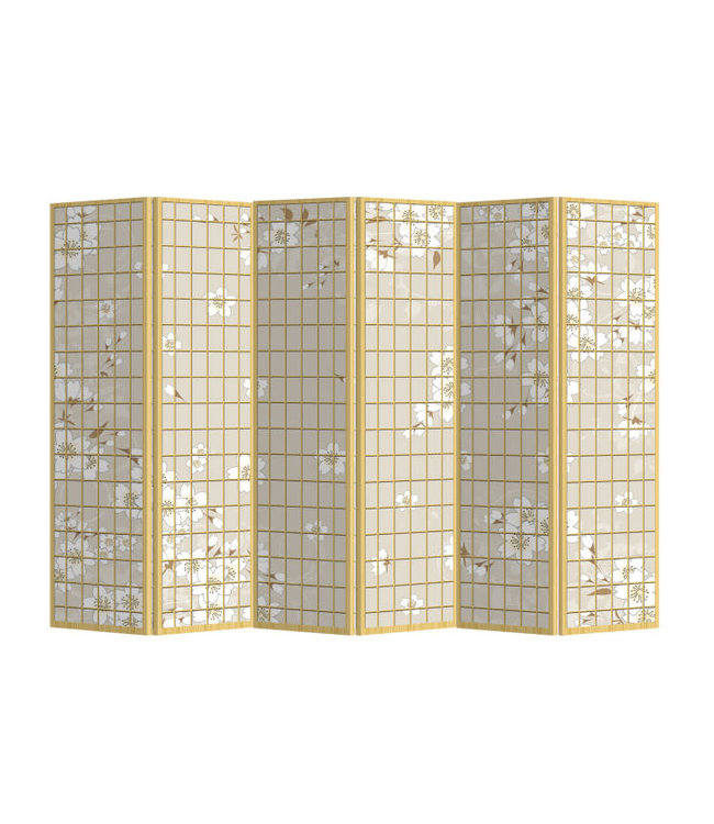 Paravent Japonais L240xH180cm 6 Panneaux Fleur de Cerisier Blanc