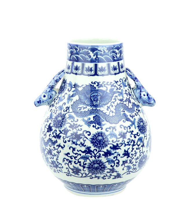 Vaso Cinese in Ceramica Porcellana Cervi Drago Blu e Bianco D24xA29cm