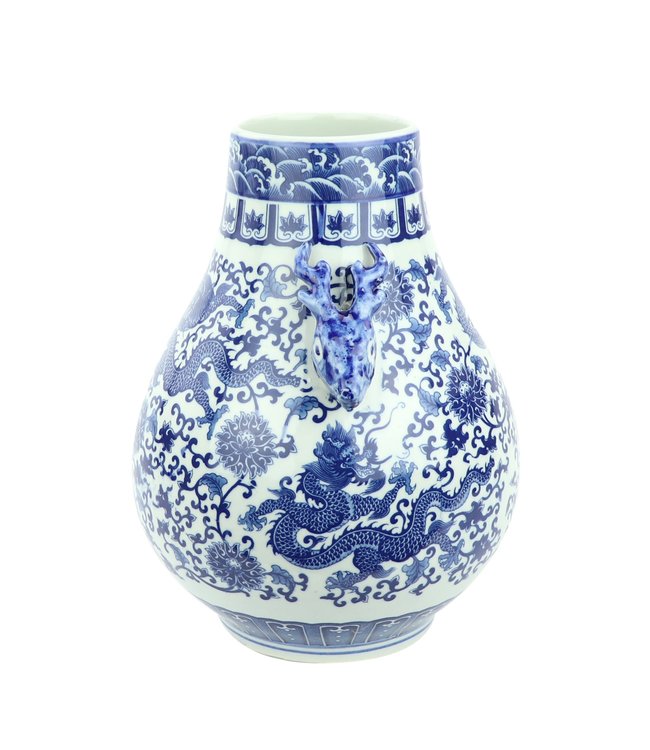 Chinesische Vase Porzellan Drache Hirsche Blau und Weiß D24xH29cm