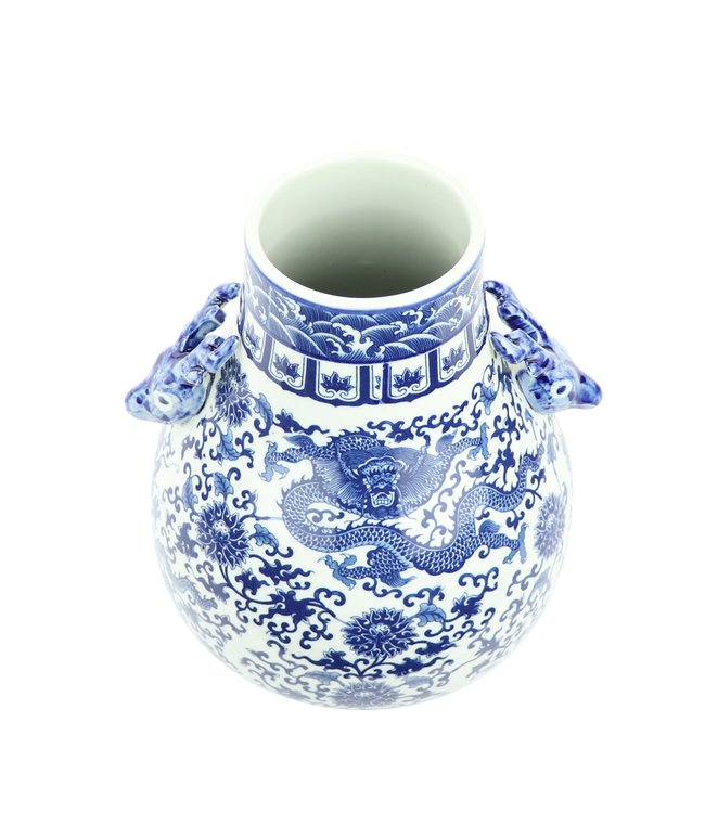 Jarrón de Porcelana Chino Ciervos y Dragón blanca Azul D.24 x Alt.29 cm