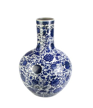 Fine Asianliving Chinese Vaas Porselein Lotus Handgeschilderd Blauw-Wit D32xH46cm